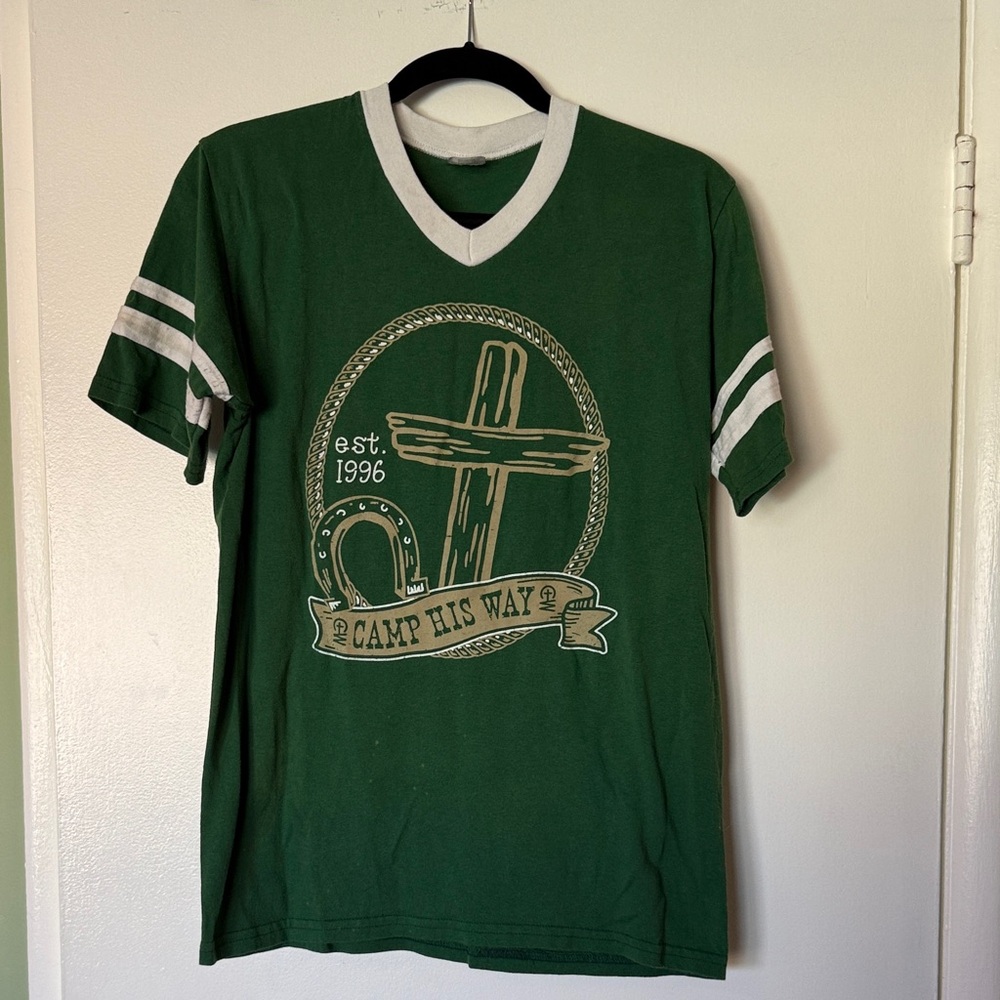 Vintage Religious Camp Shirt with White Stripes & V-neck